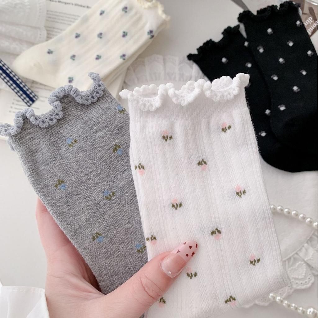 Spring Children's Sock - Seamless Woven Floral Mesh Breathable Mid-high Ankle Cotton Socks with Bubble Cuffs and Pile Up Design
