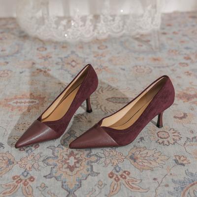 French Retro Chestnut V-mouth Leather Splicing High Heels Stiletto Pointed Temperament Elegant Suede Banquet Single Shoes Women