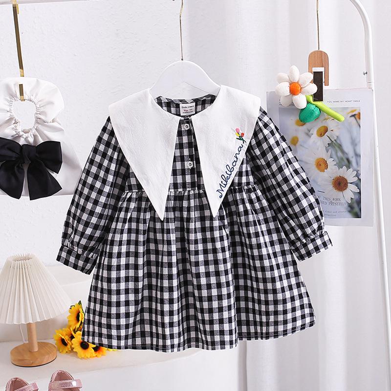 2026 Spring Korean Style Girls' Embroidered Plaid Dress