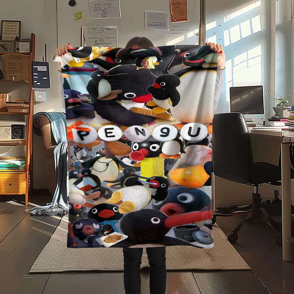 1PC PINGU Print Flannel Blanket, High Quality All Seasons, Home Decor, Warmth and Comfort, Perfect for Christmas Gifts