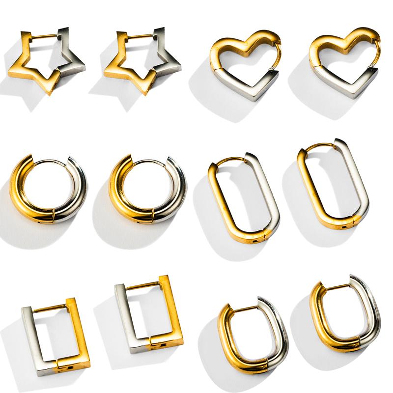 New Glossy Stainelss Steel Gold Silver Color Geometric Hoop Earrings Woman Man Heart Star Oval Round Punk Hip-hop Huggie Jewelry