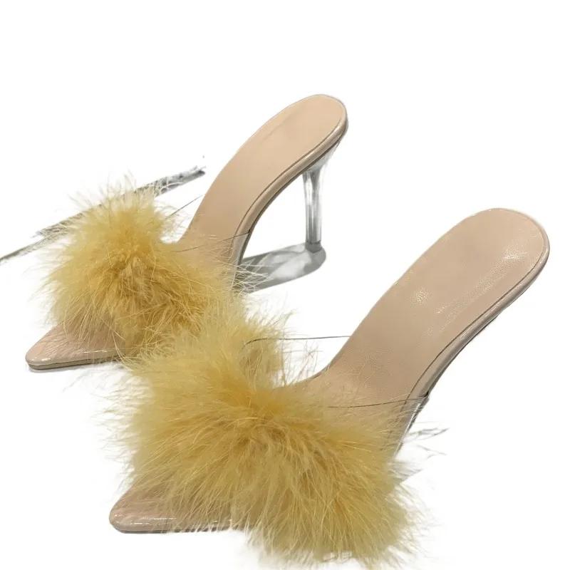 Fashion 2024 Plus Size Shoes Female Modern Women's Slippers Brand Dress Slippers Women Feather Pointed Toe Super High Thin Heels Sandals