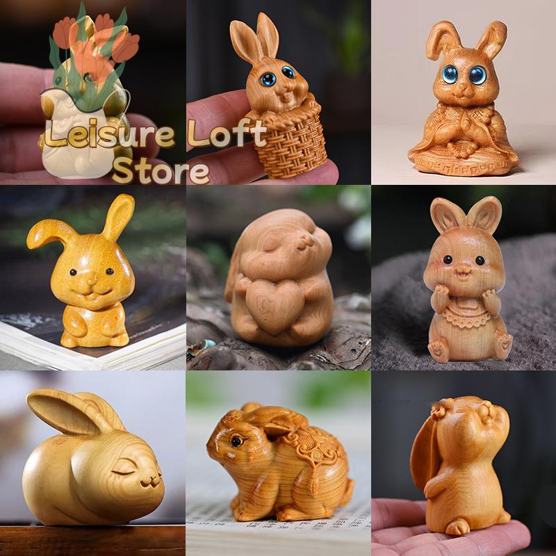 Hand-Carved Wooden Easter Bunny Figurine Cute Rabbit Home Office Desk Car Dashboard Ornament Holiday Party Gift