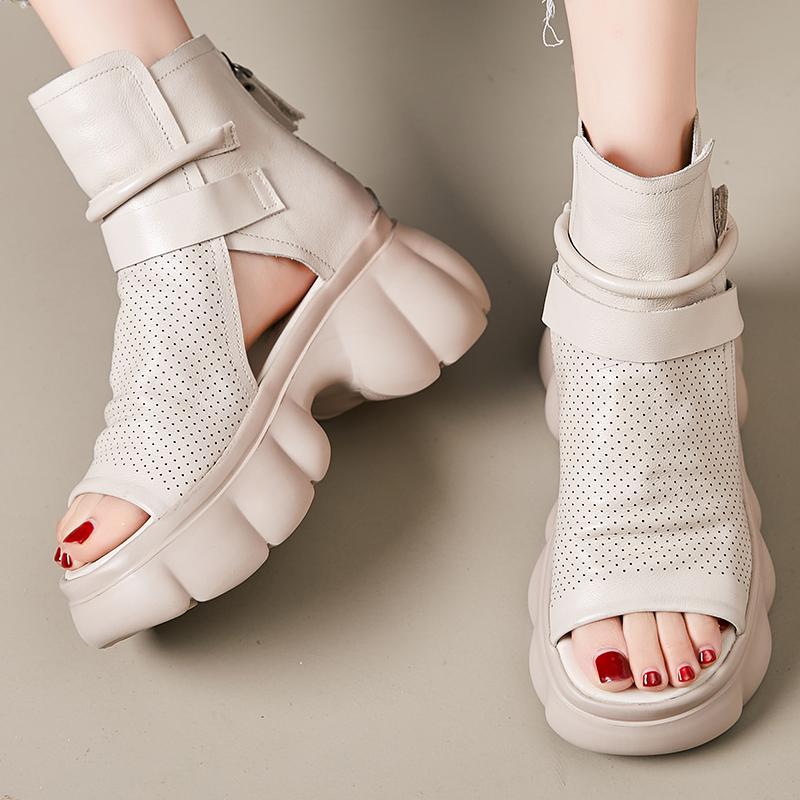 Fashion GKTINOO  Ladies Sandals 2025 New Spring Retro Women Shoes Genuine Leather Zip Flat With Sewing Handmade Platform Sandals