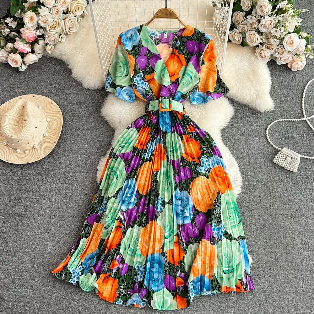 Summer Women's Light Mature Style Retro Temperament Short-sleeved V-neck Waist Thin Medium-length A-print Pleated Dress
