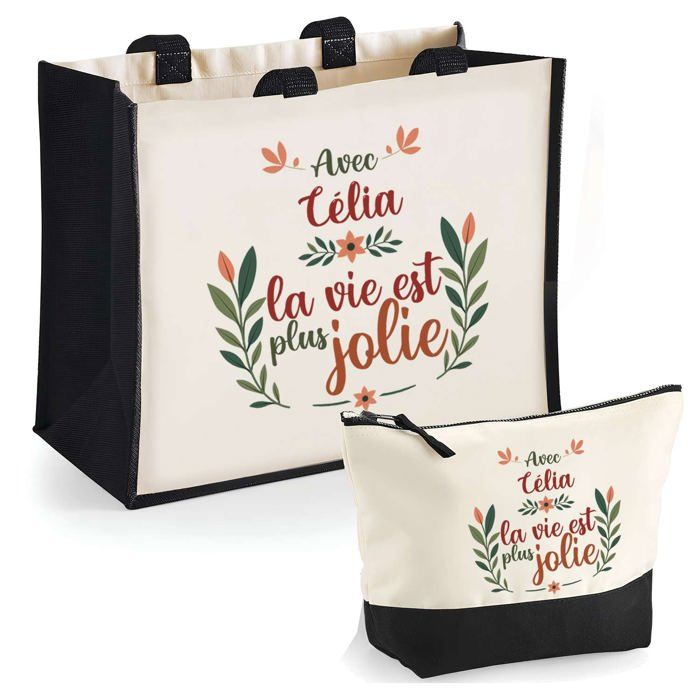 Coffret sac cabas et trousse - PLANETEE - Célia la vie est plus jolie - Jute & coton - Impression DTF HD - Fabriqué en France