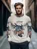 Samurai Cat Warrior Print Long Sleeve T-shirt, Stylish Casual Men's Top