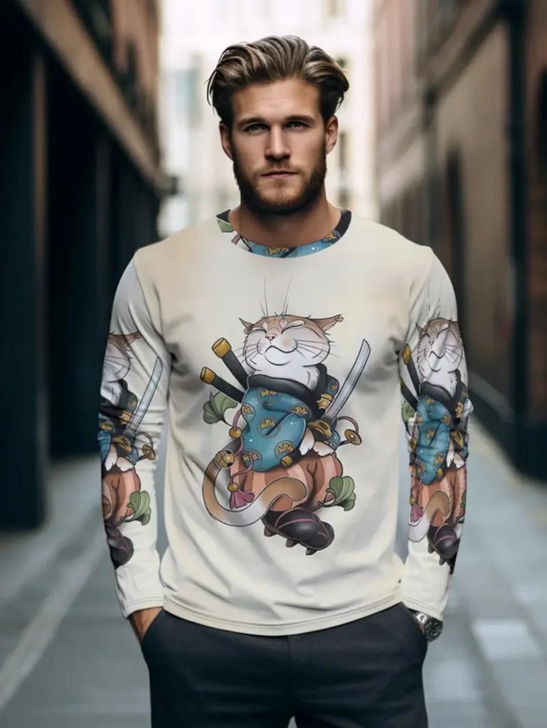 Samurai Cat Warrior Print Long Sleeve T-shirt, Stylish Casual Men's Top