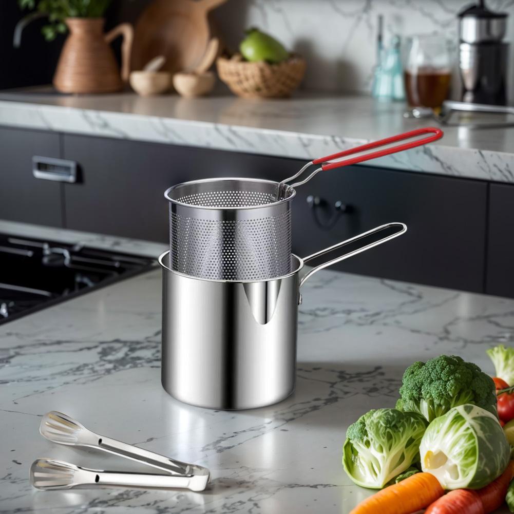 Deep Frying Pot with Strainer & Food Tongs Stainless Steel Fry Pot Tempura Small Deep Frying Pan Chicken Fried Cooking Tools