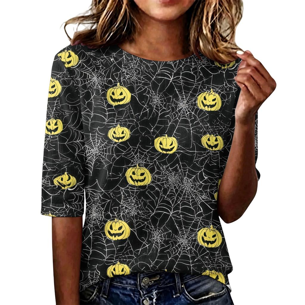 Women Casual Loose Fit Short Sleeve T Shirt Round Neck Lightweight Halloween Pumpkin Web Pattern Top