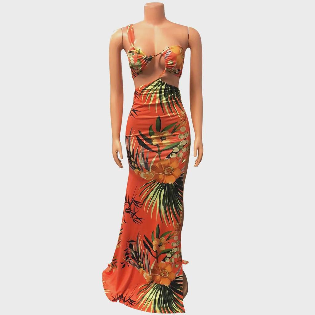 European & American Women's Printed Sexy Slit Sling Long Dress
