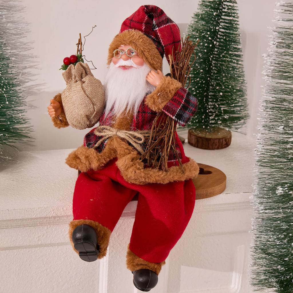 Sitting Santa Claus Christmas Figurine 33cm Tall Holiday Tabletop Decoration Indoor New Year Gift Decor