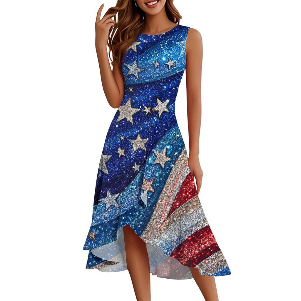 Women's Fashion Casual Zip Sleeveless Round Neck Independence Day Printed Elegant Temperament Ruffles Dress Dresses