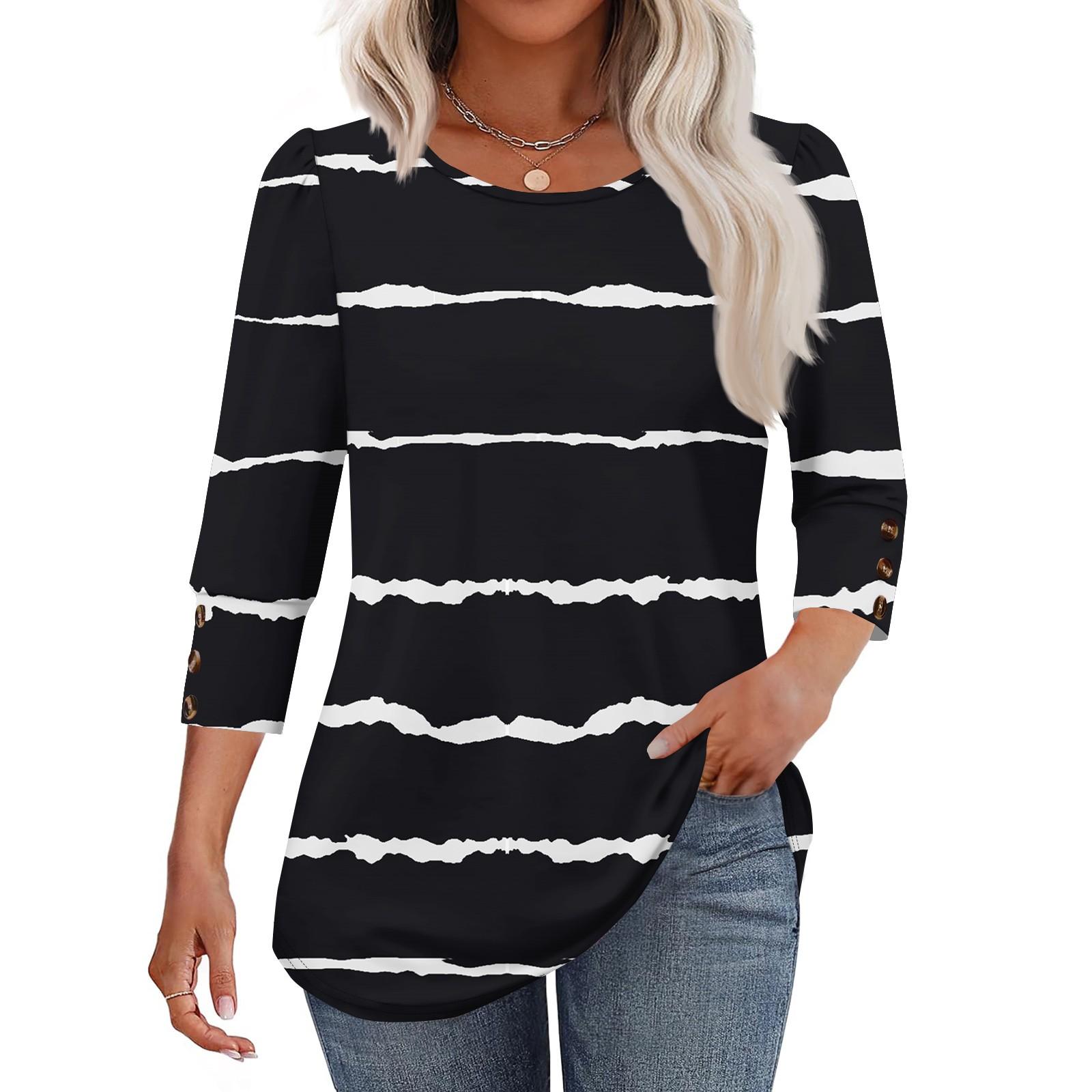 

Women s Fashion Casual Striped Print T-shirt Top With Round Neck And Seven Cuff Sleeves L чорний