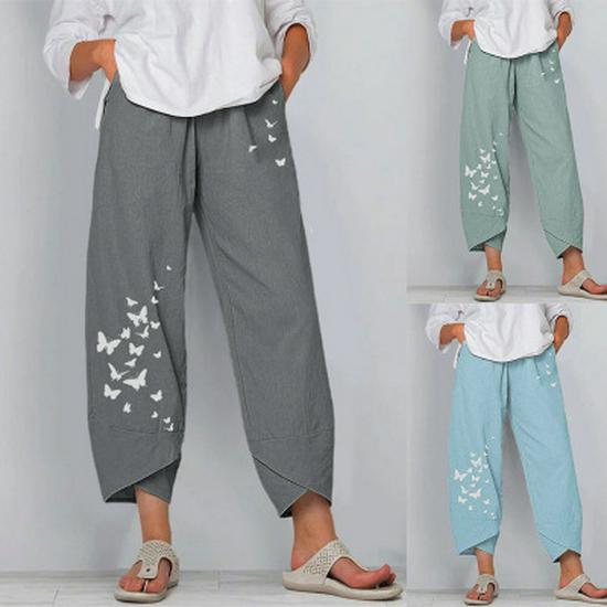 European & American Summer Casual Loose Cotton Linen Butterfly Print Wide-Leg Pants for Women 3199