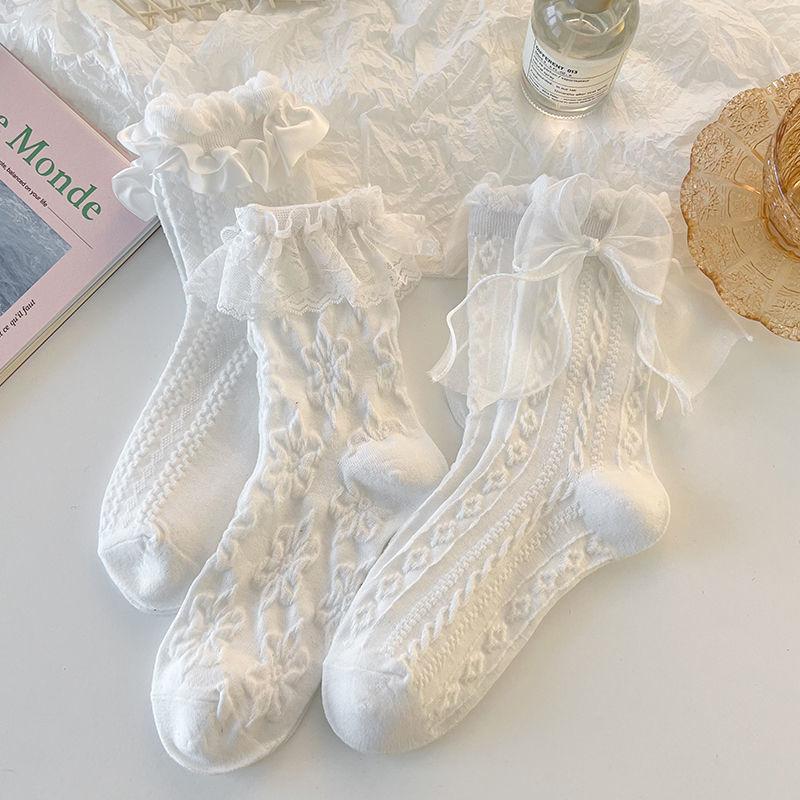 Sweet Lolita Lace Bow Middle Tube Socks Girls Black White JK Korean JK Soft Cotton Breathable Sock Casual Kawaii Female