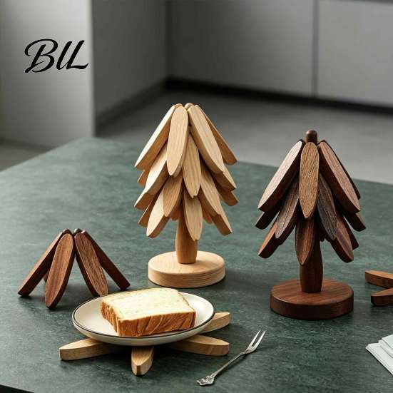 Heat Resistant Trivet for Kitchen Collapsible Wooden Trivets Hot Dishes, Christmas Tree Shaped Pot Mat Table, Wood Unique Gift Mom Holder Set