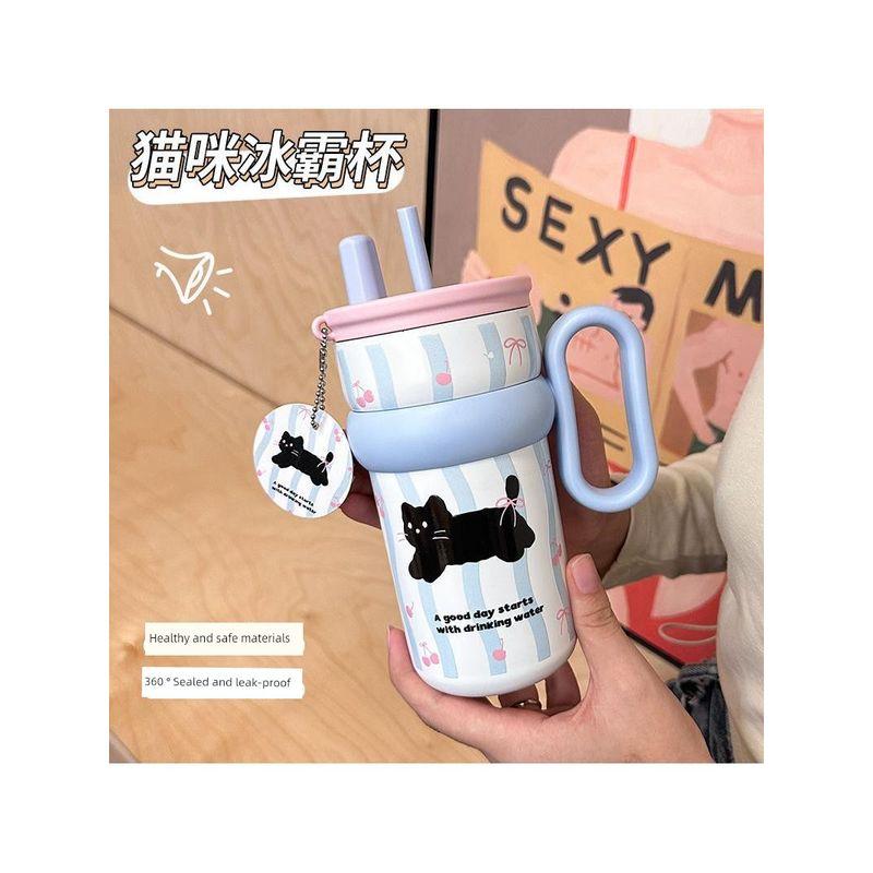 Large-Capacity Thermos Cup for Girls, New Office Water Cup, Giant Student Cup with Handle and Straw, High Aesthetic Value