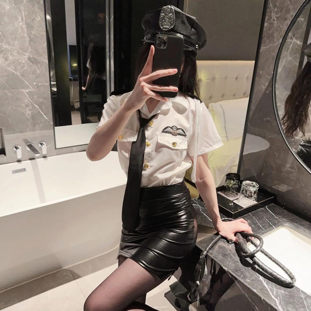 Women's Top and Latex Leather Skirt Set Sexy Police Officer Cosplay Halloween Party Costume Hot Anime Dirty Cop RolePlay Outfit