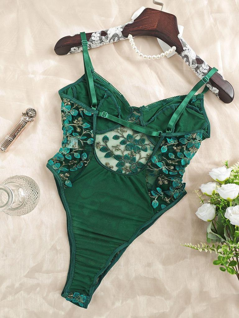 Damers spetsbroderi mesh rygglös body med dragsko i midjan