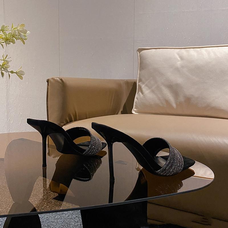 Fashion Bling Bling Luxury Crystal Square Toe Women Slippers Sandals Fashion Narrow Band Stiletto High Heels Mules Slides Modern Shoes