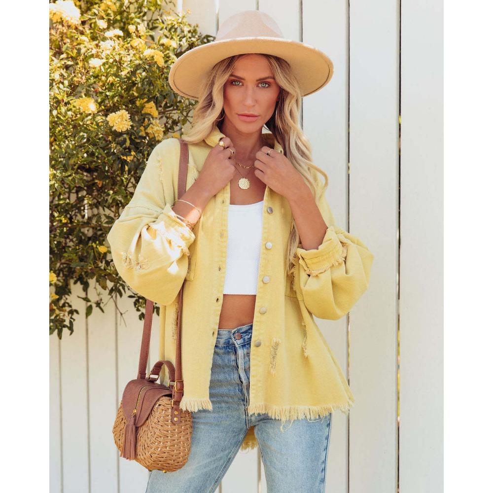 

Американская женская джинсовая куртка с длинными рукавами и рваными краями в стиле деним XL жёлтый