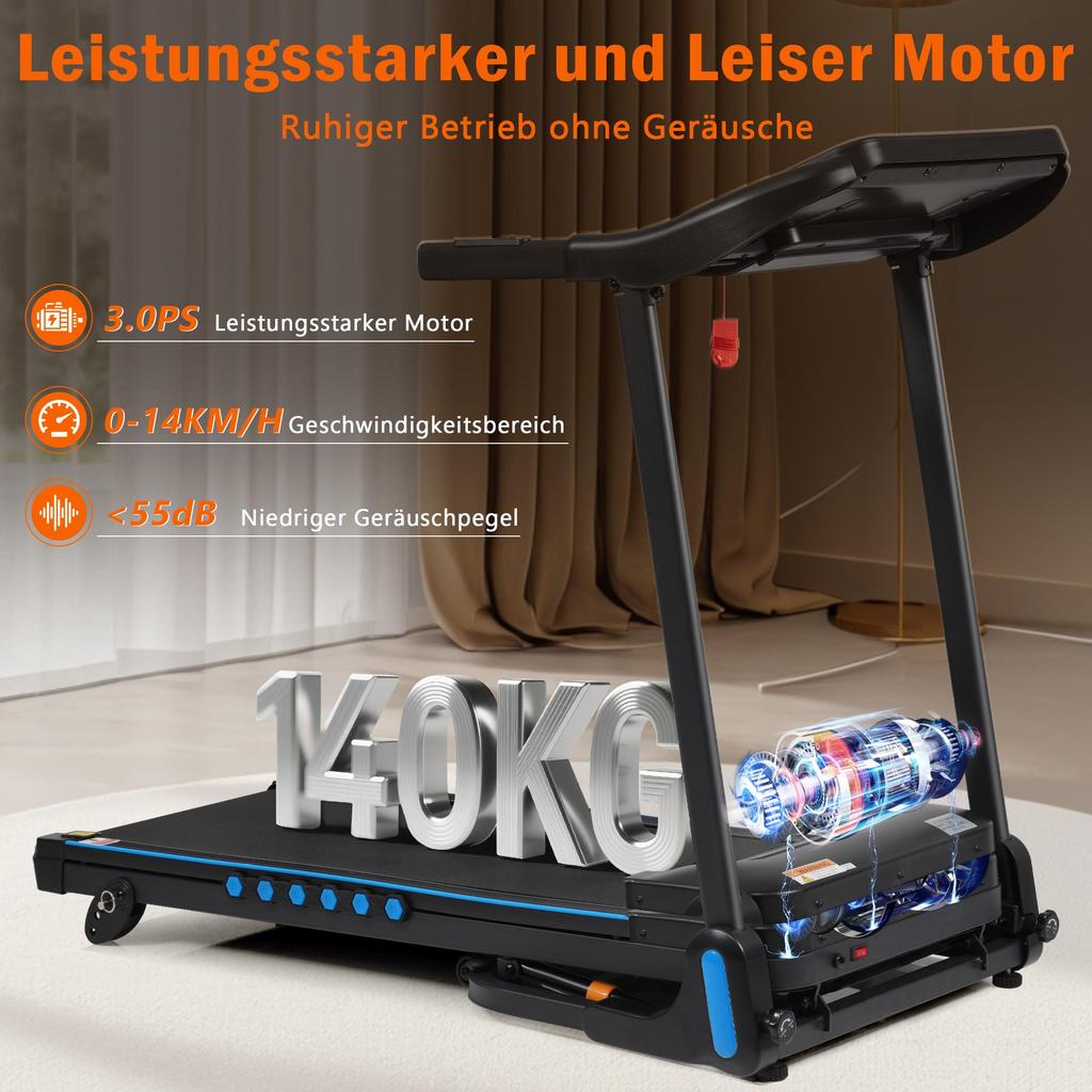 Laufband Flieks, Steigung 6%, Klappbar Laufbänder Leise bis 14km/h, 3,0 HP Treadmill mit Herzfrequenzmonitor, LED Anzeige, Bluetooth