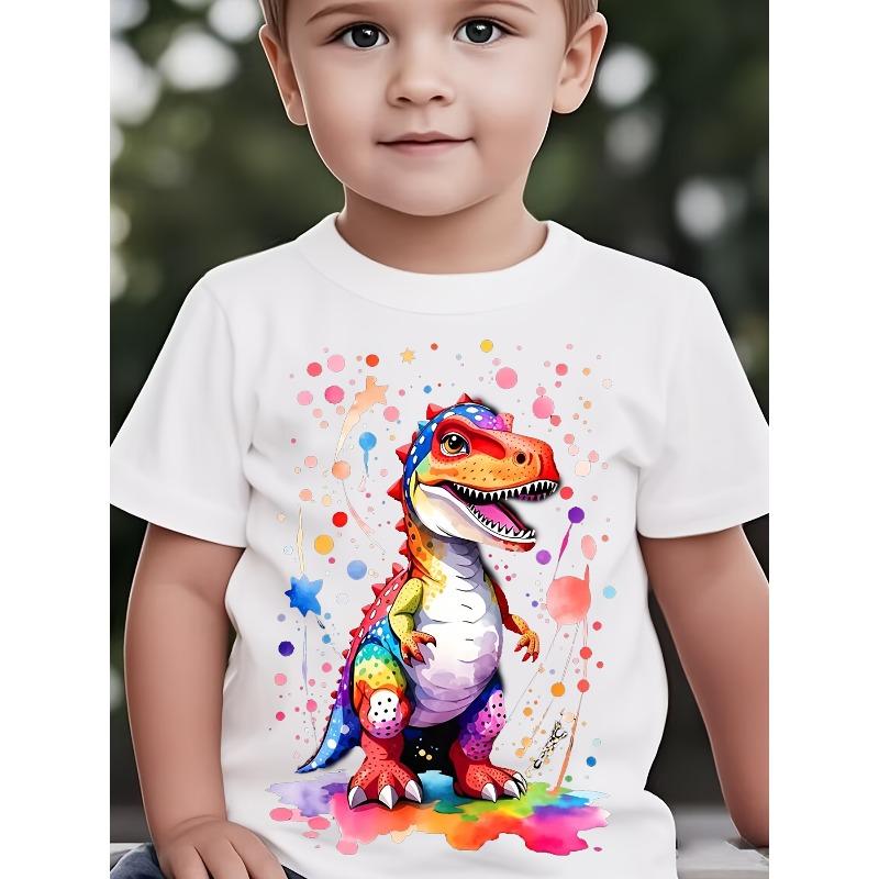 Colorful Cartoon Dinosaur Graphic T-Shirt, Featuring a Variety of Cute Dinosaur Prints In Short Sleeves