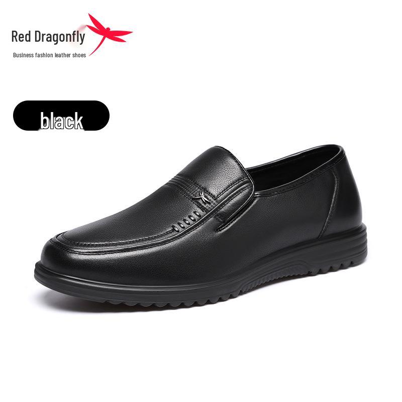 Red Dragonfly Men's Business Casual Leather Slip-On Shoes - Spring 2025 Style, Wear-Resistant and Anti-Slip for Middle-Aged and Elderly Dads.