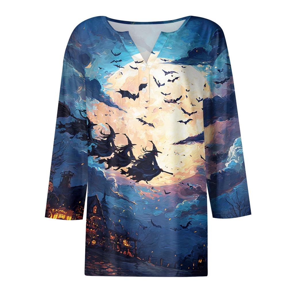 Women's Halloween Printed V-Neck Short Sleeve Tunic with Button and 3/4 Sleeves for Casual Fall Wear