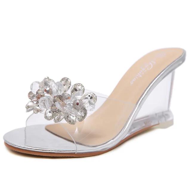 New Fashion Womens Slippers Transparent Sexy Sandals Round Toe Fish Mouth Heels Party Shoes Crystal Pumps for Women569