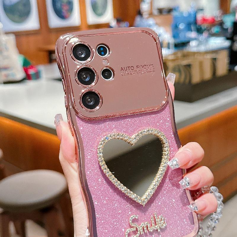 Love Mirror Glitter With Hand Lanyard Case For Samsung Galaxy S25 S24 S23 FE S22 Ultra Plus S25 Edge Cover Electroplated Coque
