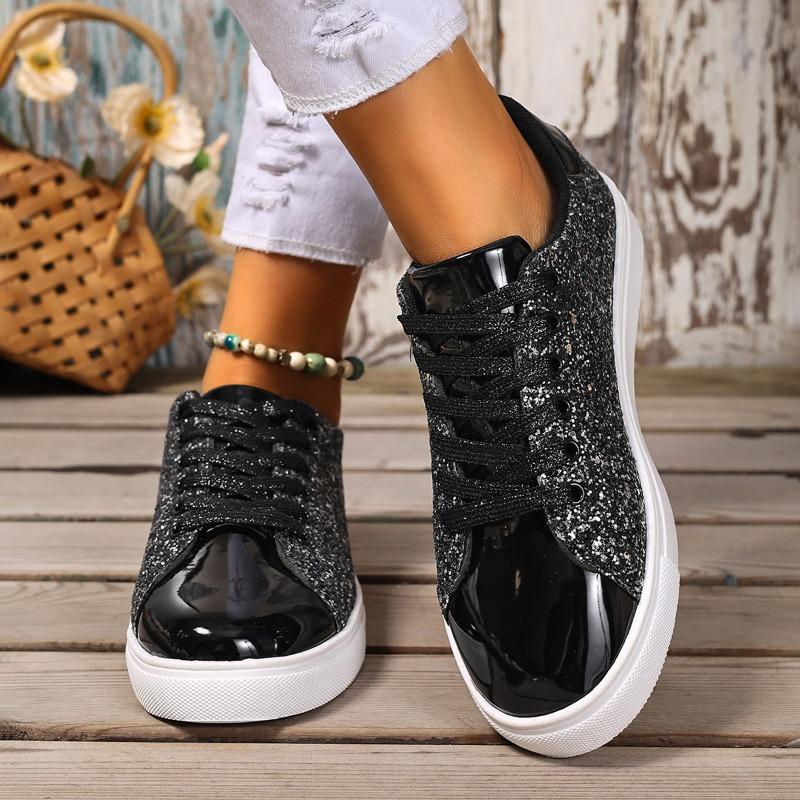 Fashion Korean Version of Trendy Women's Shoes 2025 New Metal Sequin Lace-up Flat Low-top Board Shoes Sports and Casual Versatile