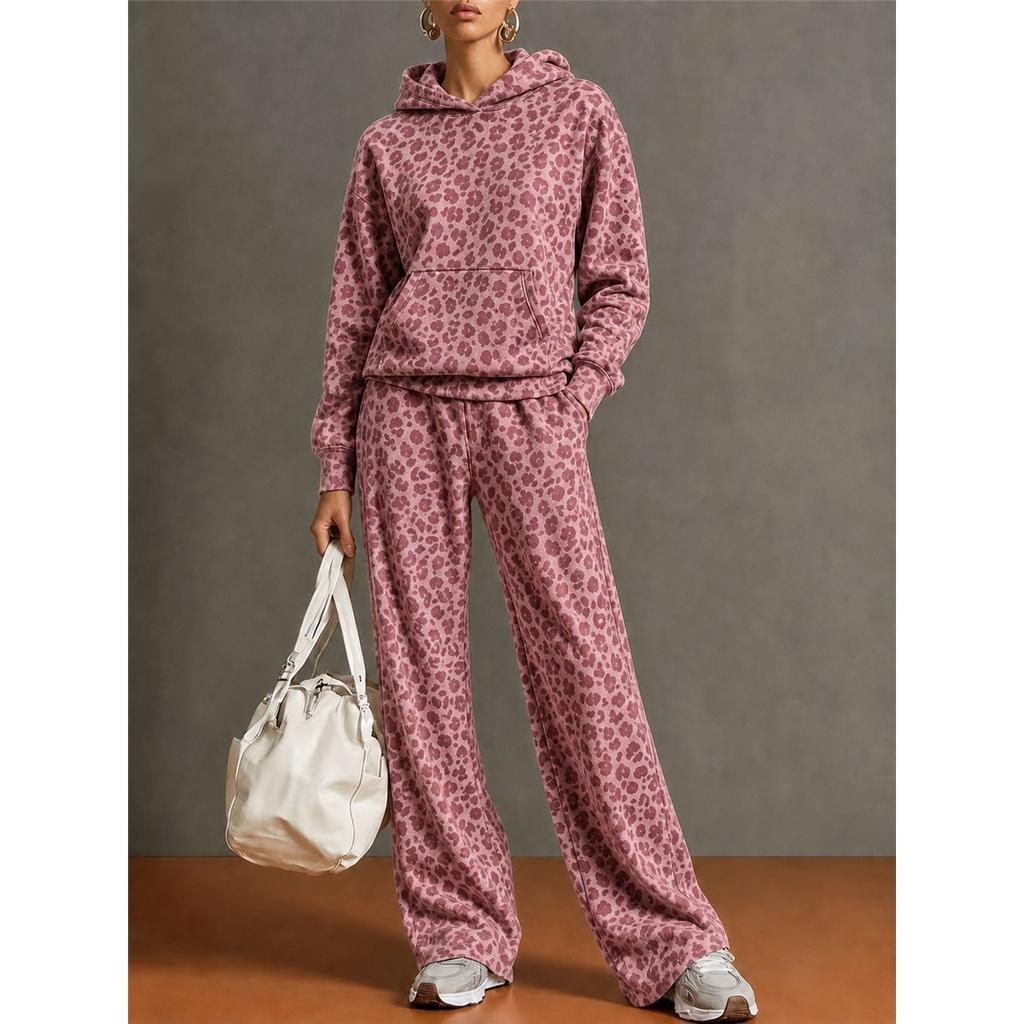 Women Leopard Print 2 Piece Outfit Hooded Sweatshirt And Wide Leg Pants Set Long Sleeve Casual Tracksuit Autumn Winter Loungewear