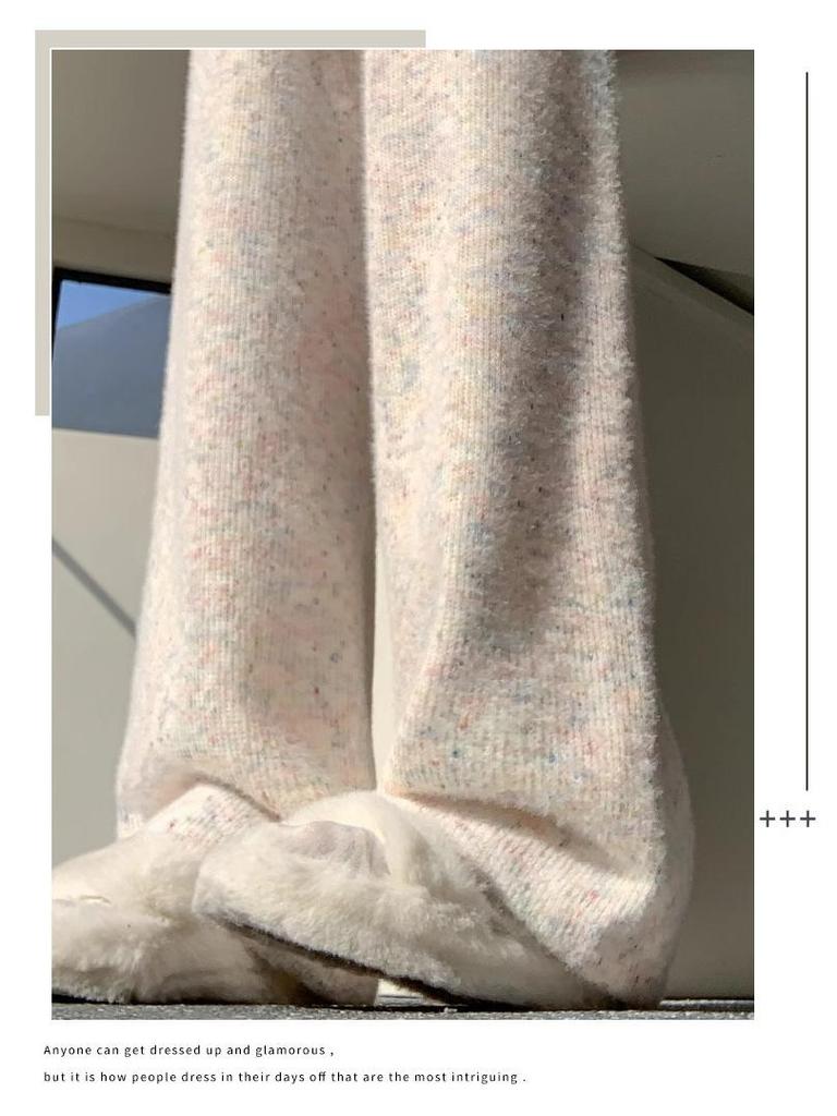 Petite Fleece-Lined Korean Rainbow High Waist Loose Wide-Leg Pants 145xs