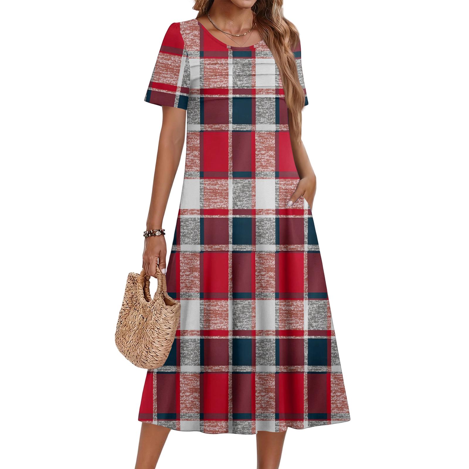 

Ladies Plaid Printed Casual And Fashionable Short Sleeved Round Neck Dress XL червоний