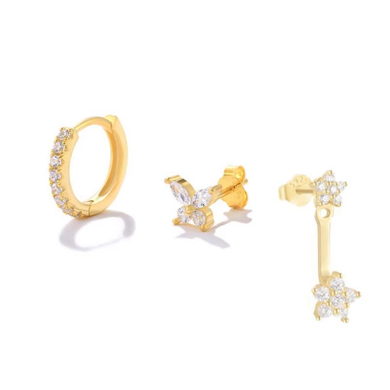 3PCS Gold Color Butterfly Flower Hoop Earrings Set for Women Exquisite Zircon Round Circle Cartilage Piercing Earring Jewelry