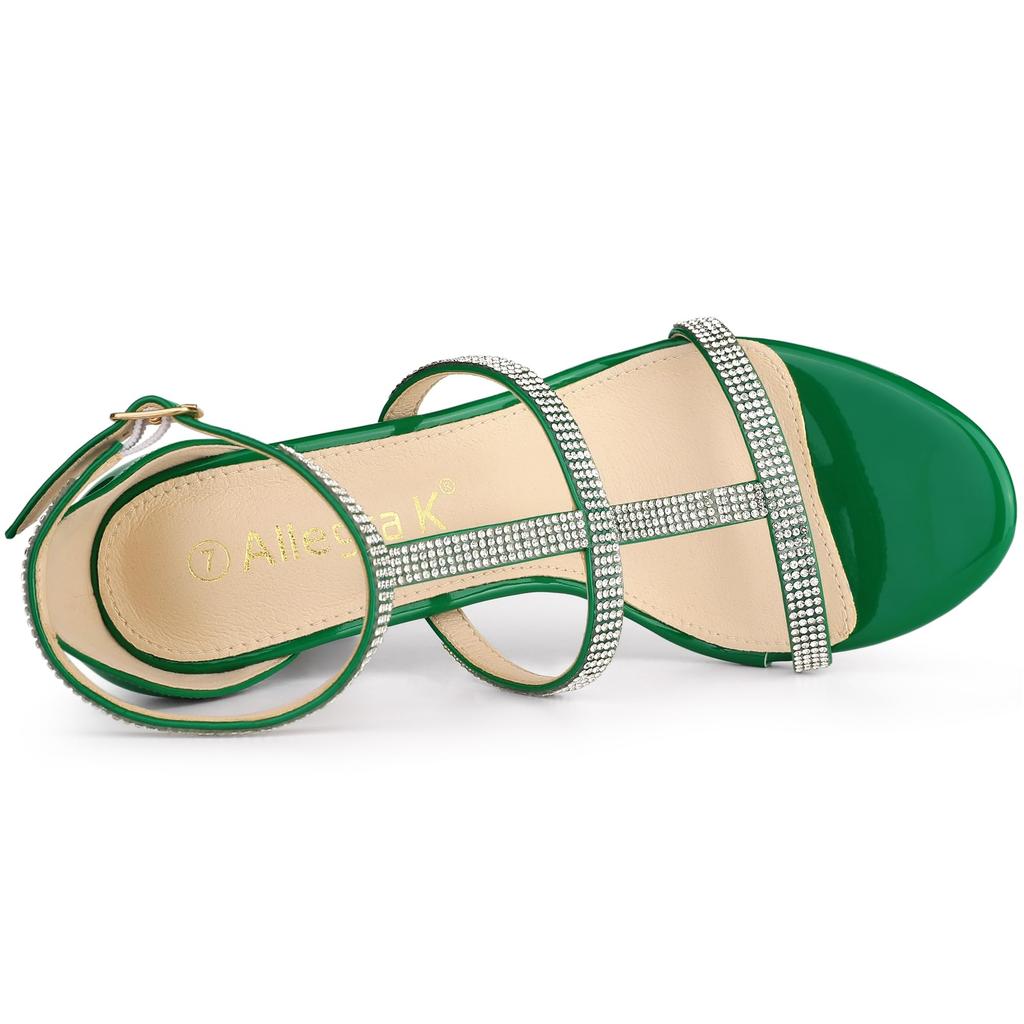 Allegra K Women's Ankle Strap Sandals, High Heels, Rhinestones, T-Strap, Green, Size 23.5cm