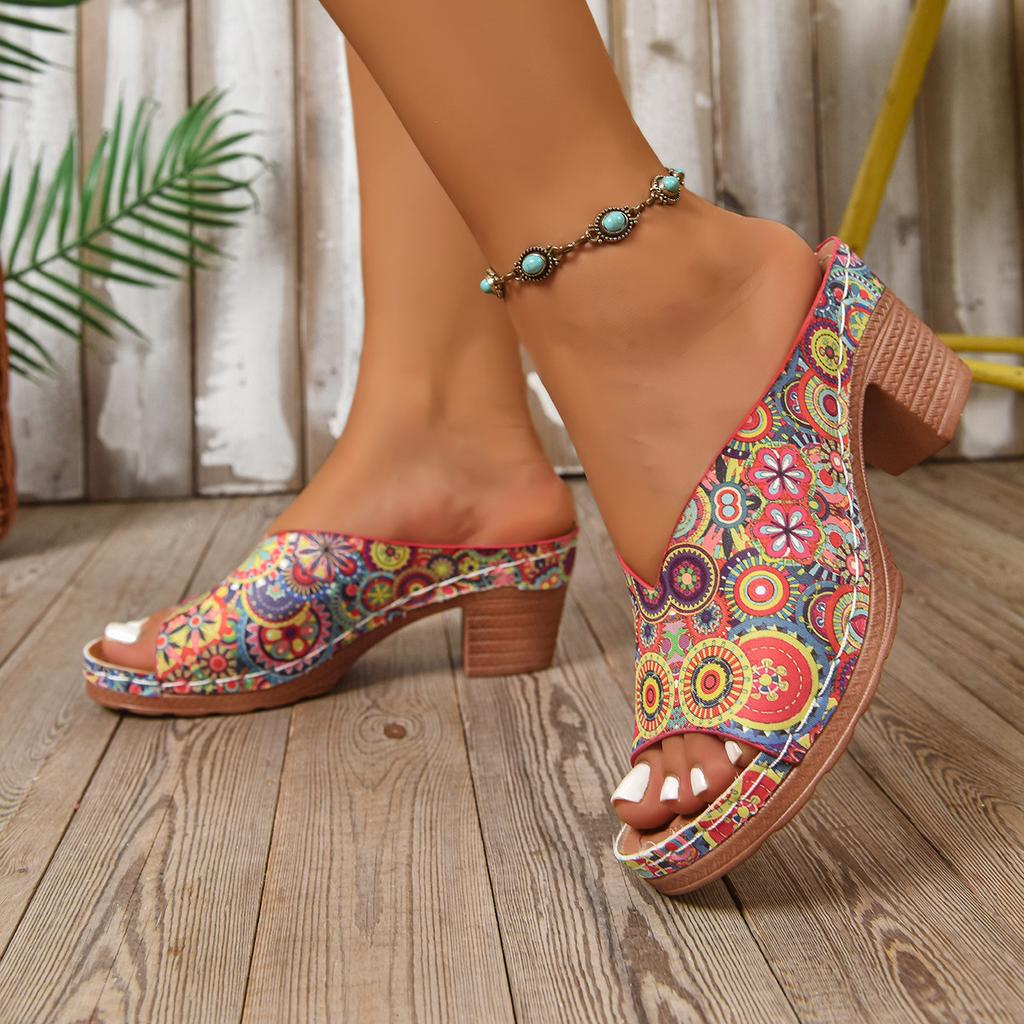 Kadın Kontrast Renkli Topuklu Sandalet, Burnu Açık Topuklu Yumuşak Tabanlı Ayakkabı, Rahat Dış Mekan Yazlık Sandalet