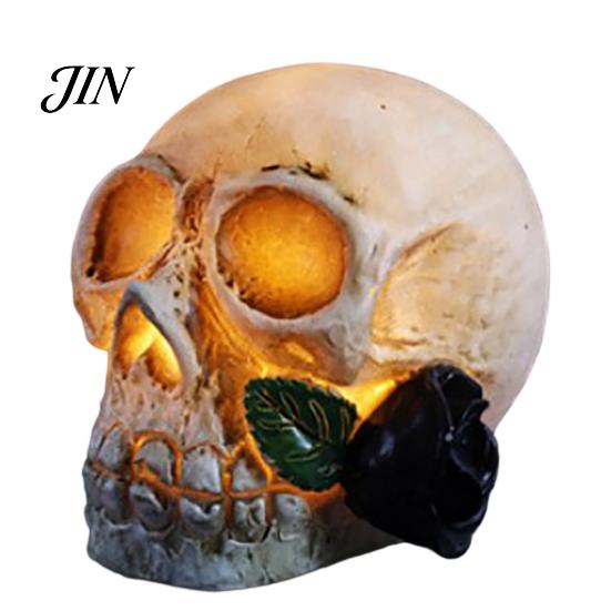 Skull Halloween Lamp Gothic Light Up Rose Flower Figurine, Day of Dead Resin Durable Statue, Spooky Skeleton Head for Desk Home Decor Party
