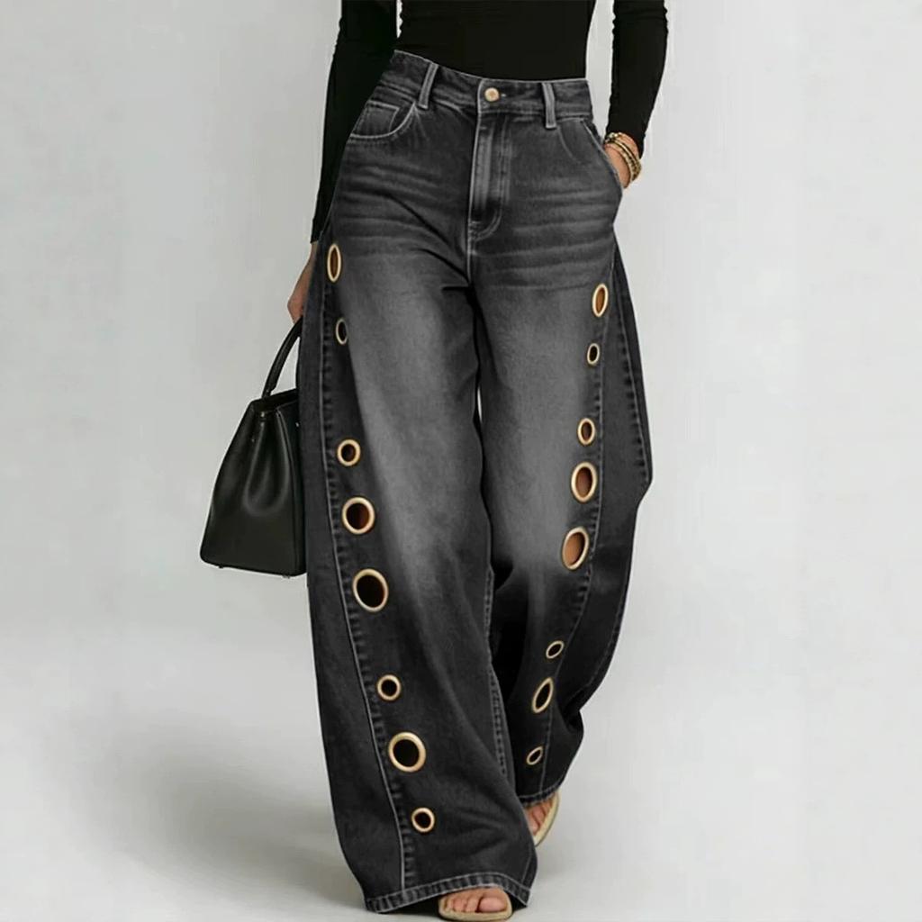 Newly Wide Leg Eyeslet Jeans Pants Sexy Women High Waist Elegant Streetwear Holes Denim Straight Trousers