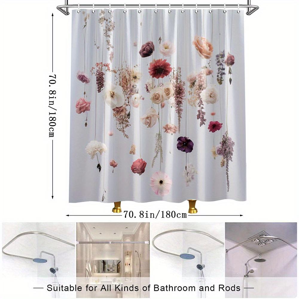 1Pc Floral Shower Curtain With Hanging Flowers Design - Polyester Fabric Bathroom Decor, 70.8X70.8 Inches, Includes 12 Hooks,