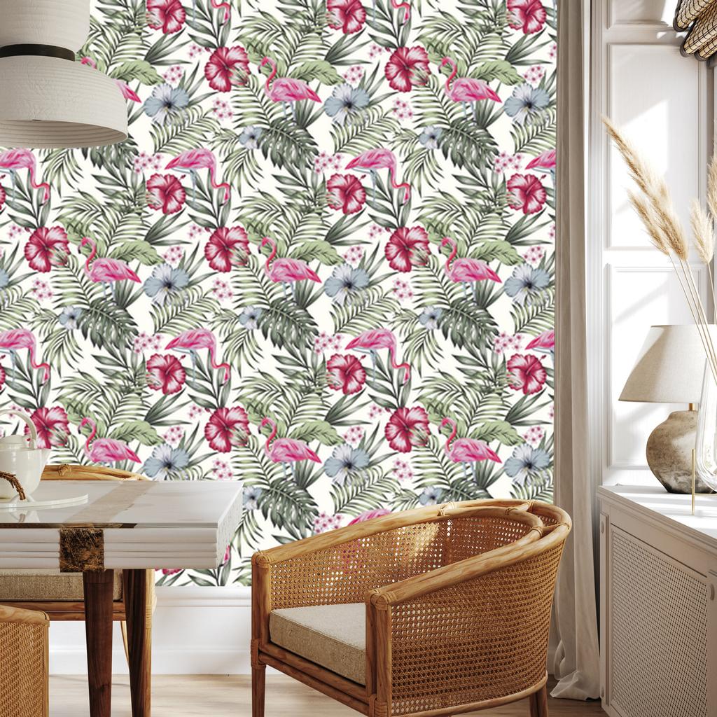 Tropical Flamingos, Leaves and Flowers Wallpaper for Living Room and Bedroom 50x1000