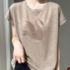 IHUASU Summer Women's Knitwear Cotton Bamboo Hemp Short-sleeved Tops Women's T-shirt Women's O-neck Rhinestone Swan