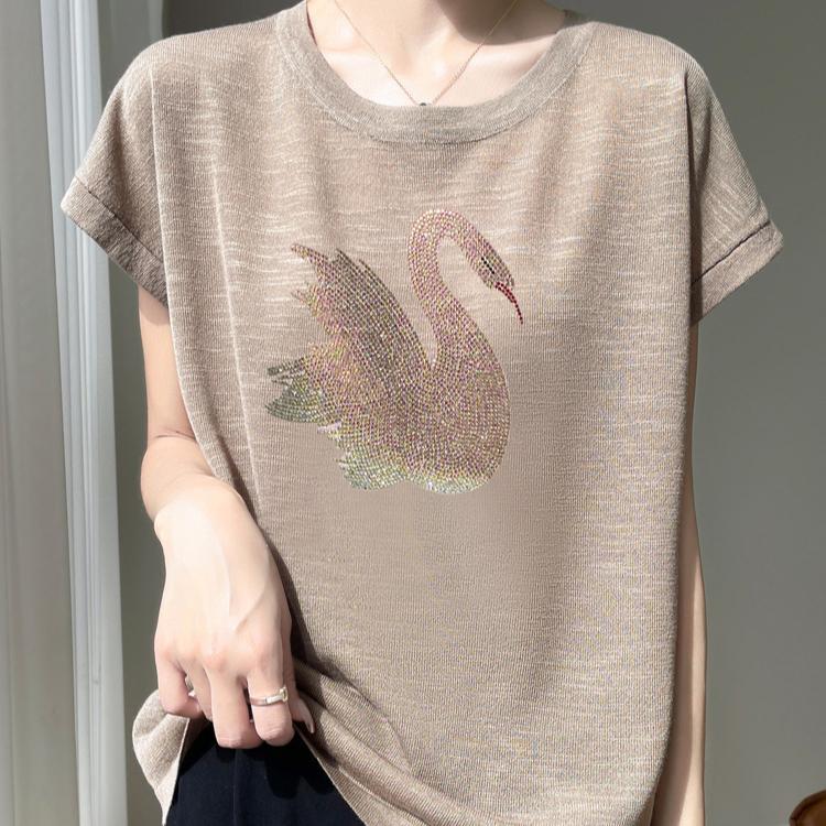IHUASU Summer Women's Knitwear Cotton Bamboo Hemp Short-sleeved Tops Women's T-shirt Women's O-neck Rhinestone Swan