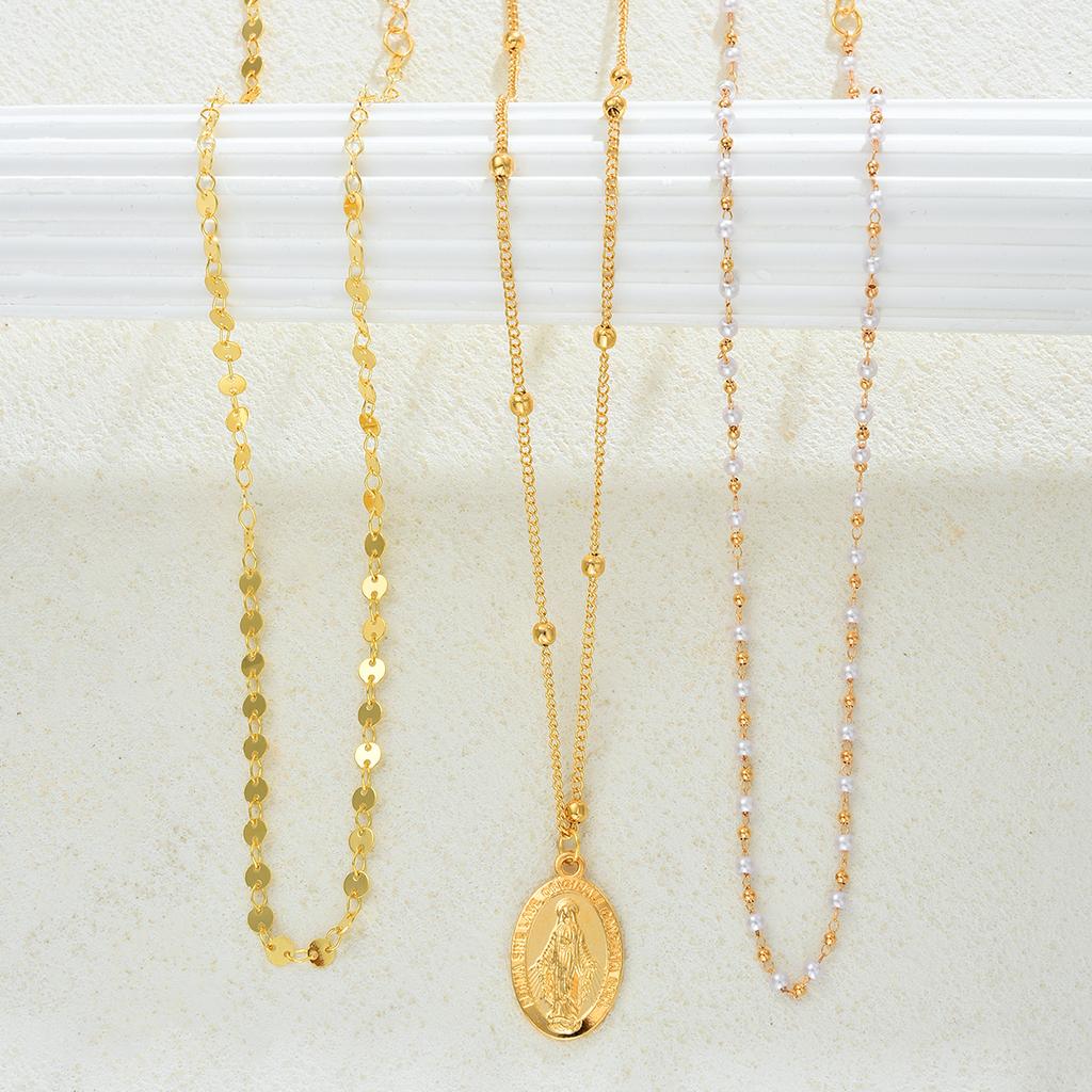 3 Pcs Minimalist Coin Pendant Necklace Set for Women Elegant Gold Color Jesus Print Design Multilayer Pearl Bead Chain Necklace