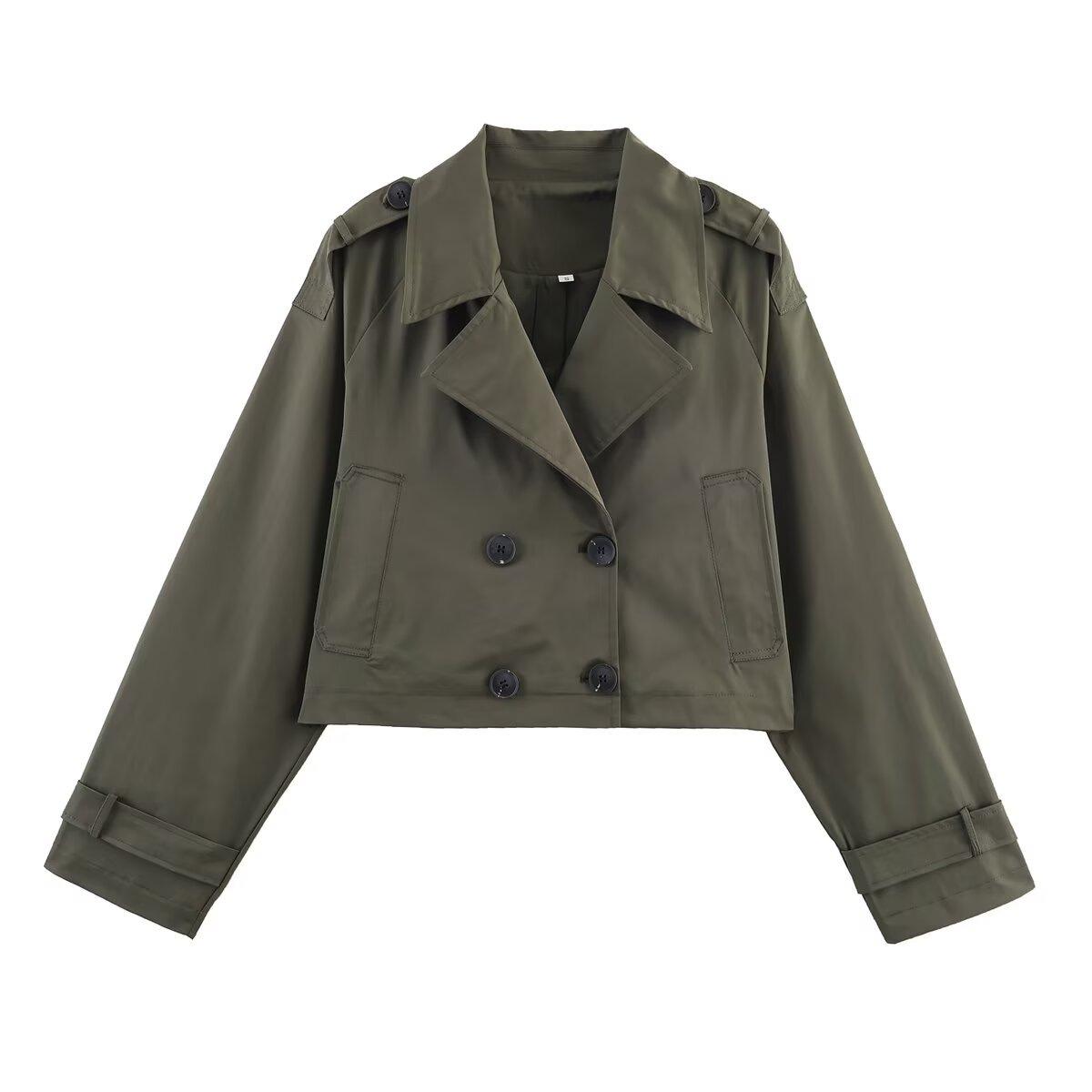 

Double Breasted Short Trench Coat with Lapel Collar and Epaulettes in Khaki & Brown L зелений