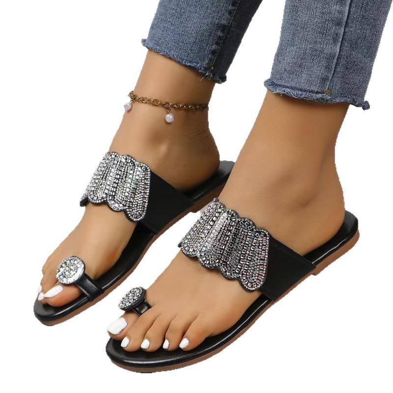 Women's Plus‑Size Rhinestone Flat Slide Sandals, Summer New Korean‑Style Toe‑Loop Flat Slippers for Beach Outdoor Wear