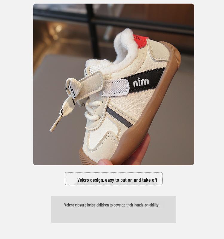 2025 Autumn/Winter Waterproof Leather Baby Shoes: Velvet-Lined, Versatile, Fashionable, Soft-Soled Children’s Sports Shoes.