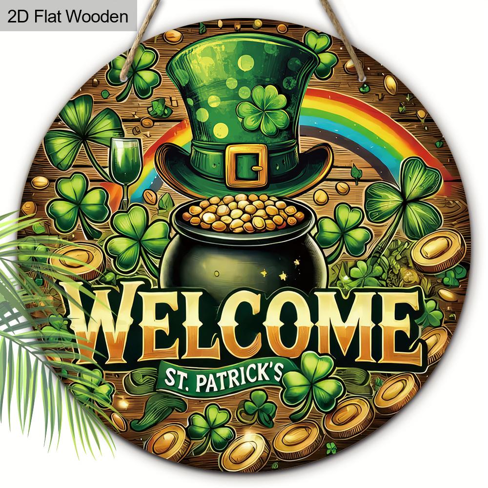 2D Flat "Welcome" St. Patrick'S Day Spring Green Clover Wooden Sign, Suitable for wall Decoration, porch, Room, Villa, accents Home, Hallway, or Workp